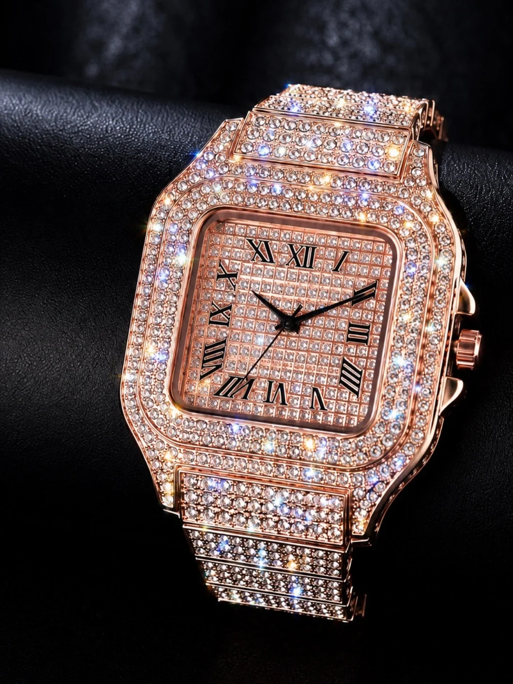 Iced Out VVS Simulated Diamond Rose Gold Stainless Steel Watch Pave Fully Iced